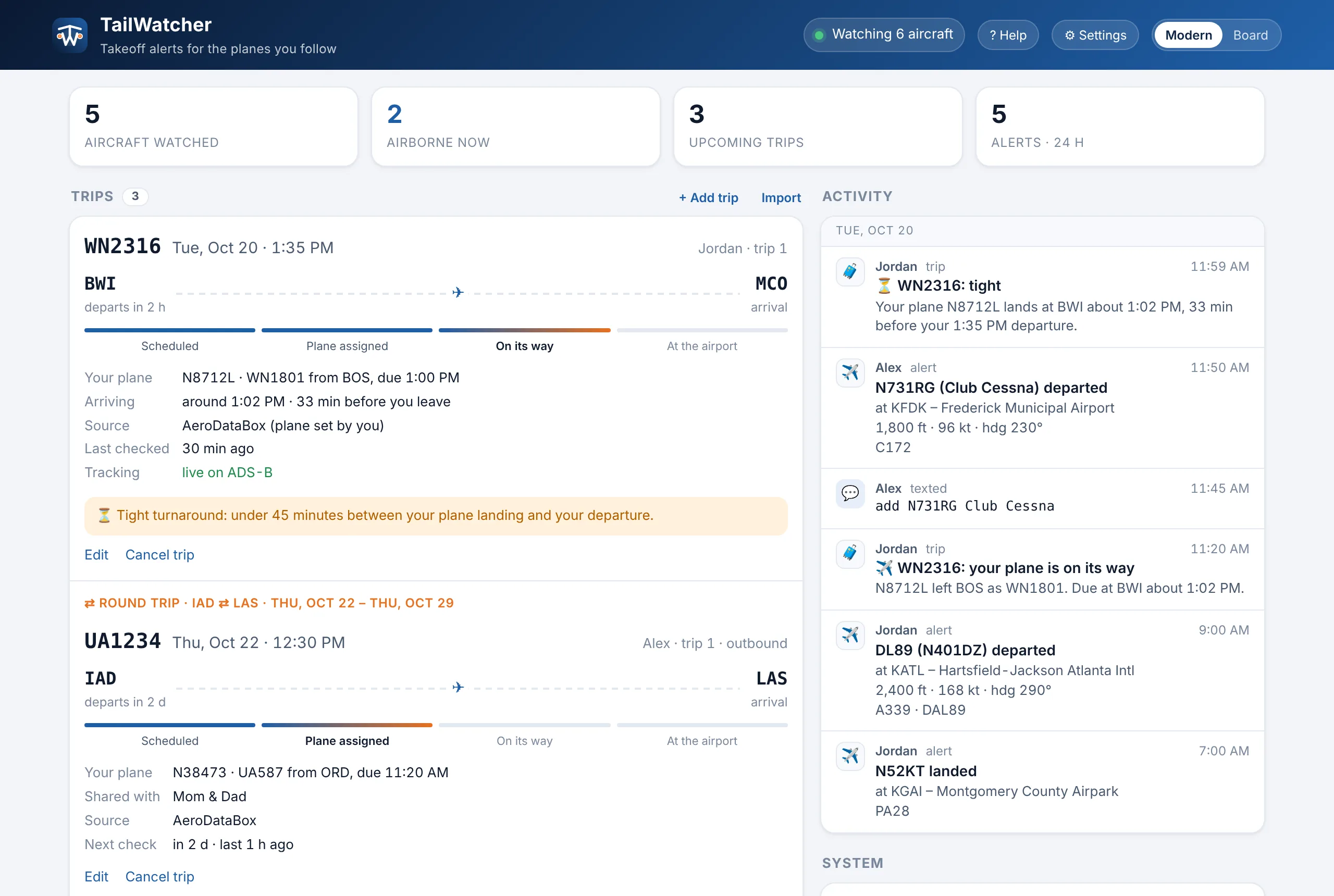 TailWatcher dashboard in the Modern theme: trip cards with a progress bar from Scheduled to At the airport, and an activity feed of alerts